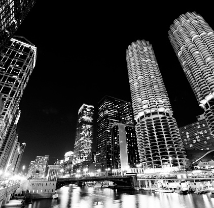 Night Cityscape, Chicago. Black And White