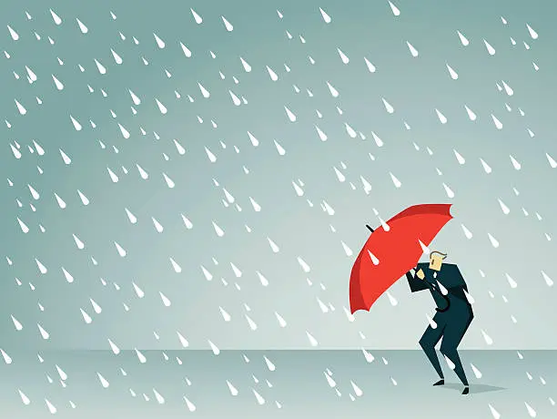 Vector illustration of Cartoon man holding a red umbrella in a rain storm