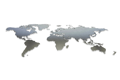 A 3D representation of a metallic world map. The map is a flat view of the world and is on a plain white background. The map looks like it is made from a shiny metal and reflects some of the surrounding environment.