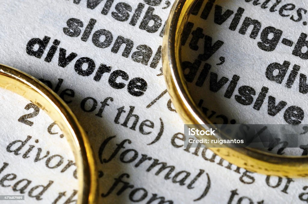 Divorce Two separate wedding rings next to the word "divorce" Divorce Stock Photo