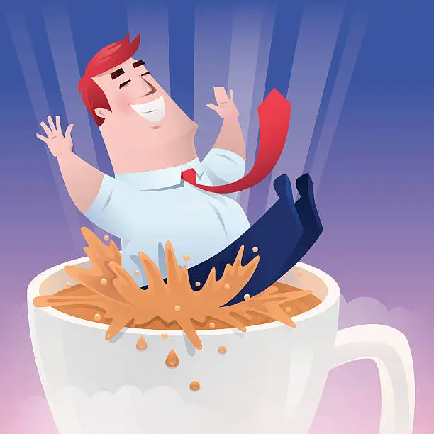 Vector illustration of businessman falling in cup of coffee