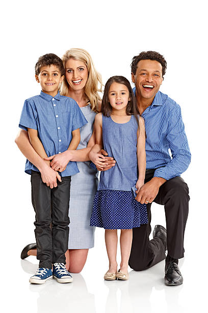 istock Beautiful young family standing together on white 471690837