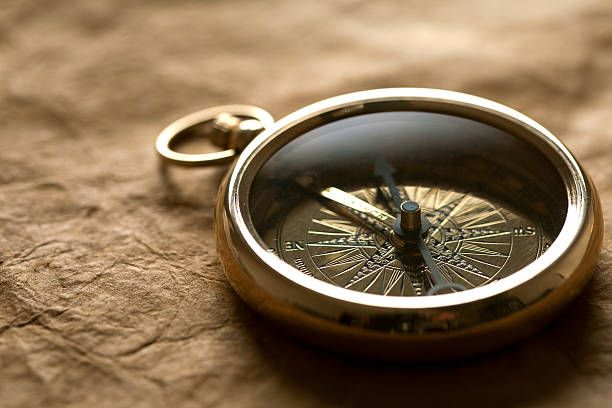 istock Close-up view of compass on vintage paper 471692068