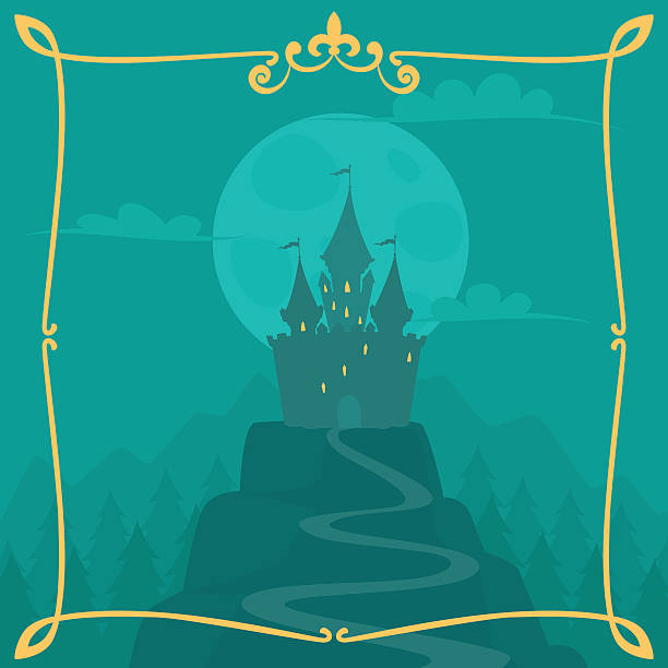 illustrazioni stock, clip art, cartoni animati e icone di tendenza di vettore quadrato fumetto sfondo con castle on the hill - castle fairy tale illustration and painting fantasy