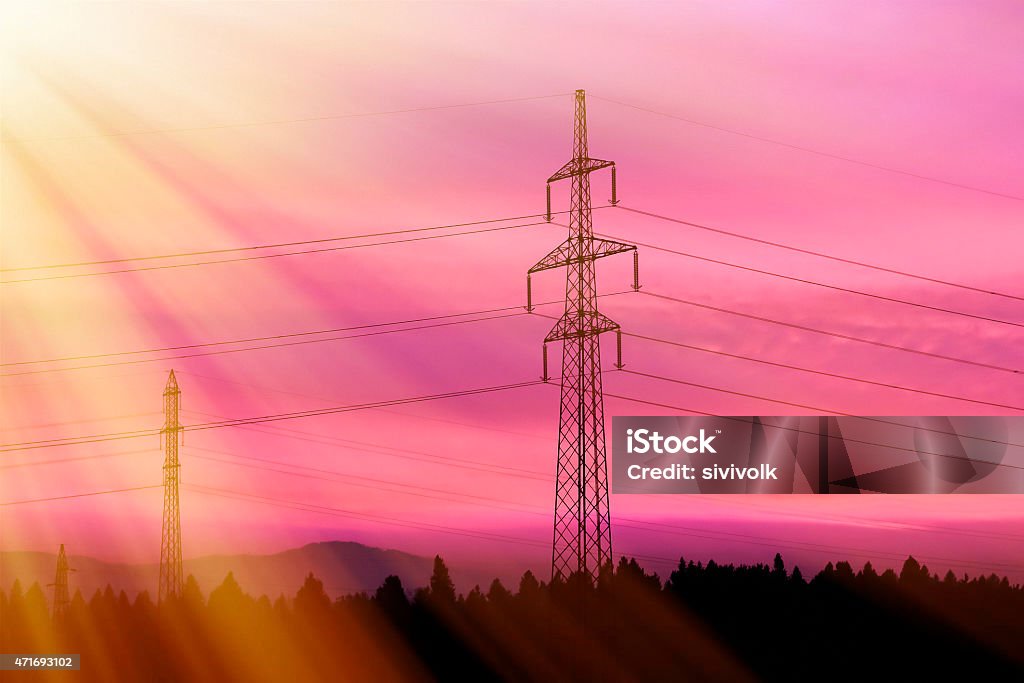 Electrical power lines. Electrical power and energy. Alternative Electrical power lines. Electrical power and energy. Alternative energy 2015 Stock Photo