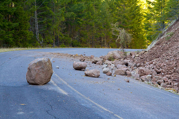 Landslide Blocked Road stock photo
