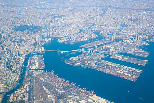 Tokyo Seaside area from Sky -Rainbow Bridge, Odaiba, Toyosu... the most developing area to 2020 Tokyo Olympic.