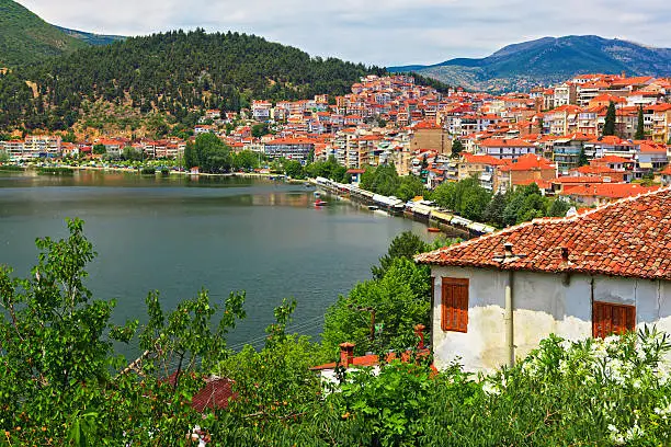 view of the city by the lake Orestiada. Kastoria, Greece