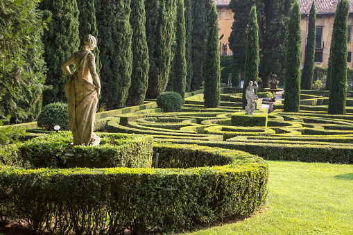 Italian garden with statues, maze and cypress trees