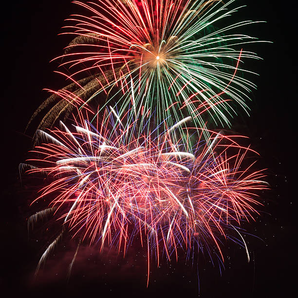 istock Red fireworks in the night sky 471698289