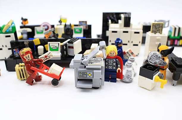 avengers in office Hong Kong, Сhina - March 28, 2015: Legos are a popular line of plastic construction toys manufactured by The Lego Group in Denmark superman named work stock pictures, royalty-free photos & images
