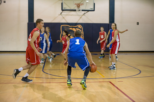 High school students playing basketball