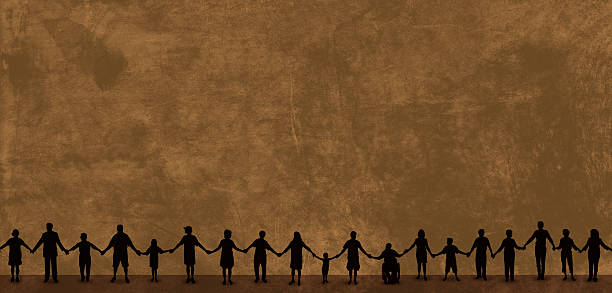 Holding Hands - United Community Background Graphic silhouette background of a line of people holding hands.Holding Hands - United Community Background. Check out my “Holding Hands” light box for more. line of people holding hands stock illustrations