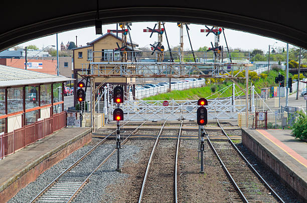 View out of Ballarat Railway Station towards level crossing A level crossing with traditional wooden swing gates, seen from within Ballarat Railway Station in Ballarat, Australia. railway signal stock pictures, royalty-free photos & images