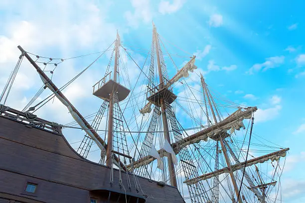 Tall ship sailing at the Port Vell in Barcelona, Spain