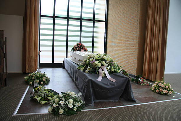 istock White coffin with sympathy flowers 471707039