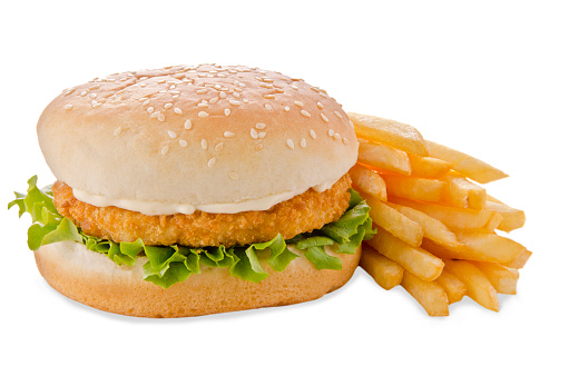 Chicken burger, isolated on white background. Close up.