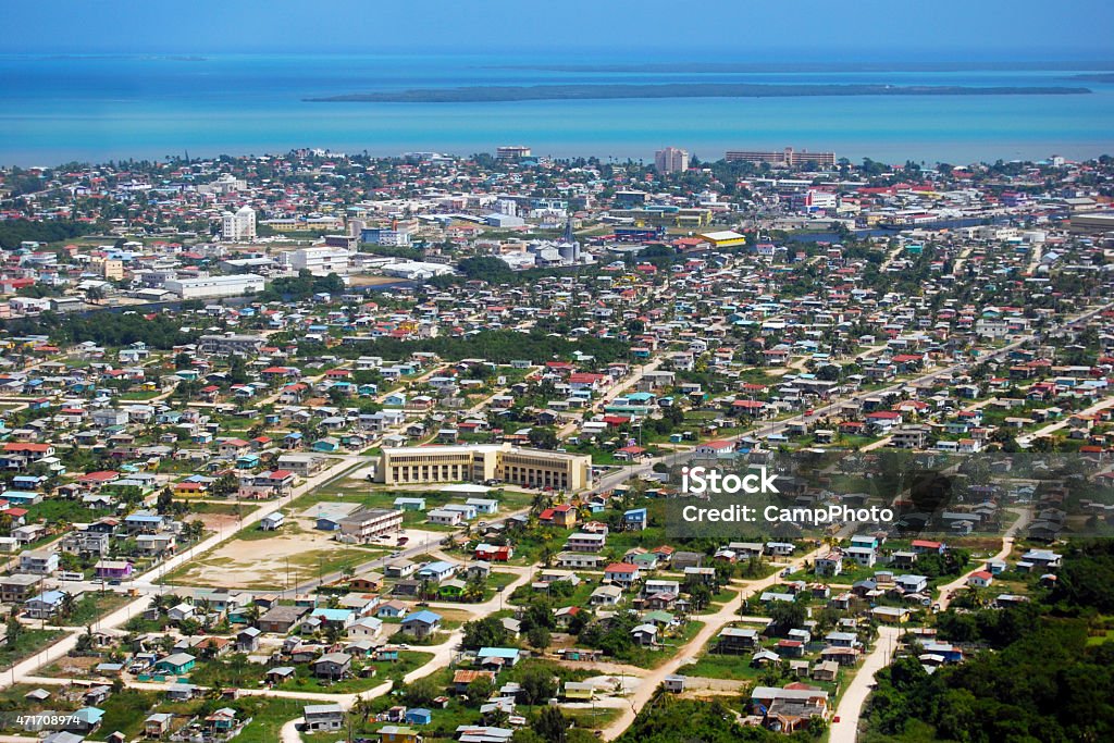 Belize City aerial photo Flying into Belize City, Belize with Caribbean view in the background. Belize City Stock Photo