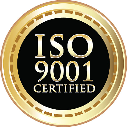 ISO 9001 quality management systems gold label with a laurel wreath.