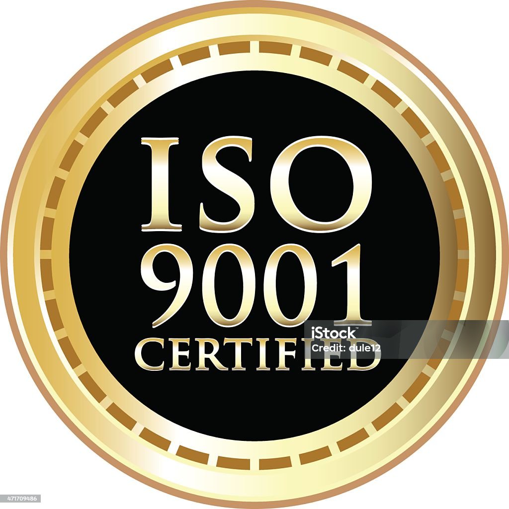 ISO Quality Management Systems ISO 9001 quality management systems gold label with a laurel wreath. 2015 stock vector