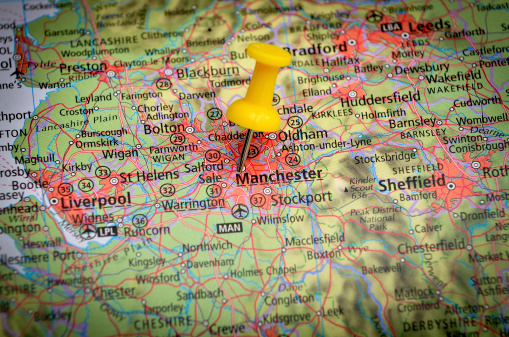 Detail of the geographic map with yellow pin