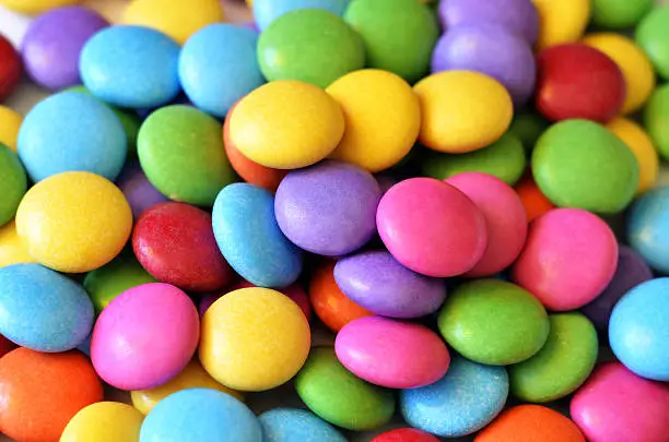 Macro detail of pile of colored smarties background