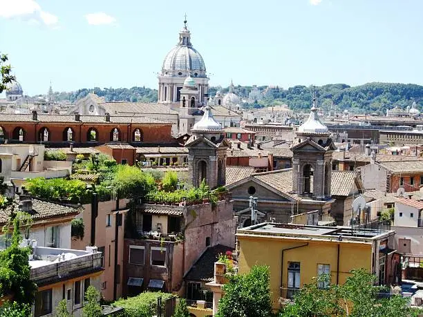 Photo of Rome under blue sky view from Park Villa Borghese, Italy