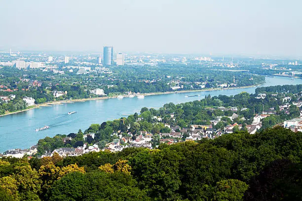 Aerial view from Drachenfels over Königswinter, river Rhine and Bonn in background.