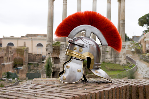Roman soldier helmet in front of the Fori Imperiali, Rome.