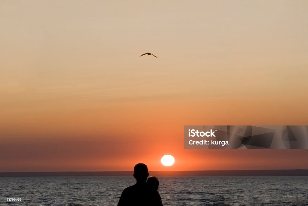 Silhueta de homem e mulher novamente ao pôr-do-sol - Foto de stock de Abraçar royalty-free