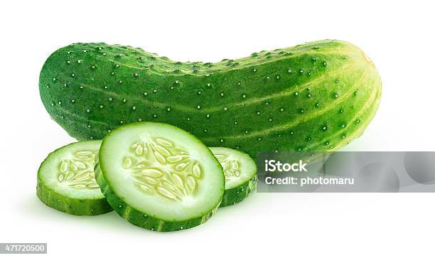 Fresh Cucumber With Slices Isolated On White Stock Photo - Download Image Now - Cucumber, 2015, Antioxidant