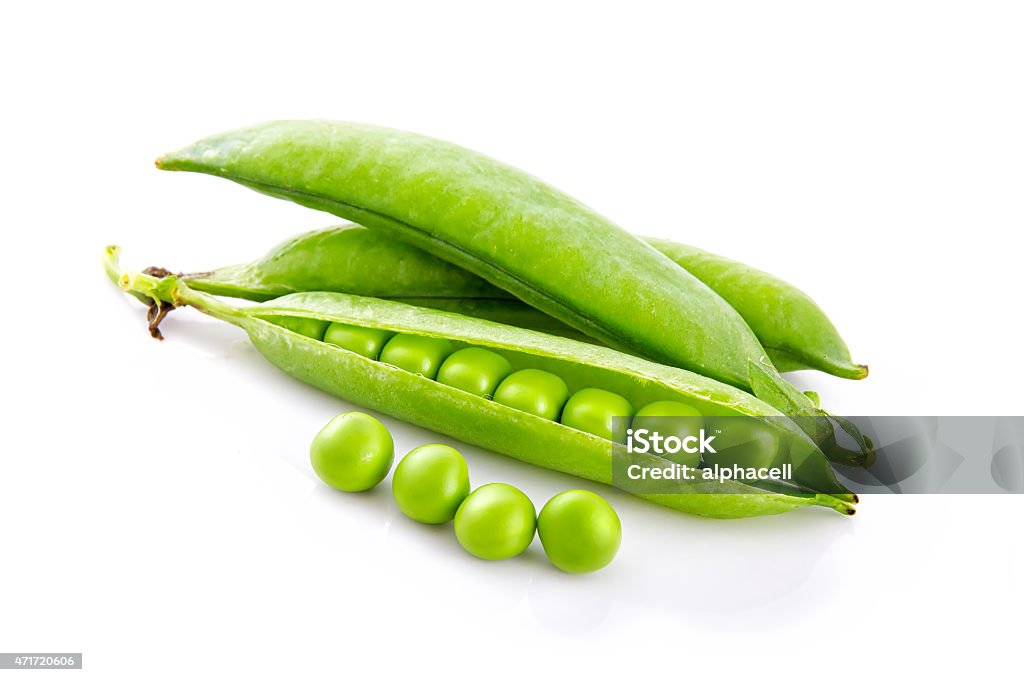Fresh green pea pods and seeds isolated on white Fresh green pea pods and seeds isolated on white background Green Pea Stock Photo