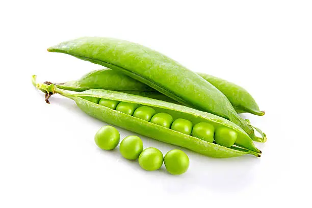 Photo of Fresh green pea pods and seeds isolated on white