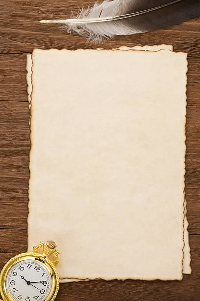 istock ink feather and watch on parchment background 471721289
