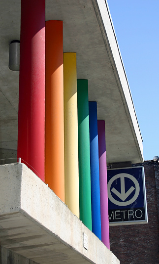 The Metro station in The Village in Montreal, Quebec, with gay pride colored posts