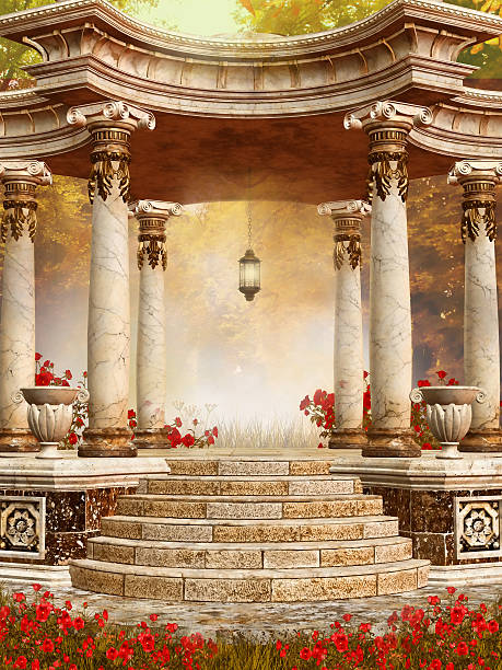 istock Marble gazebo with autumn flowers 471722298