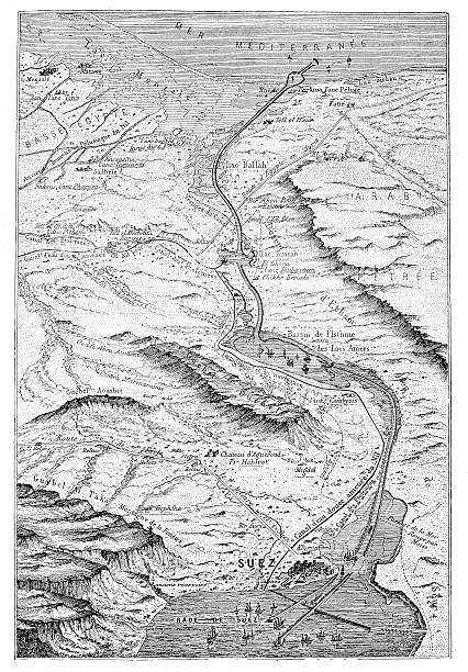 Antique illustration of Suez canal aerial view