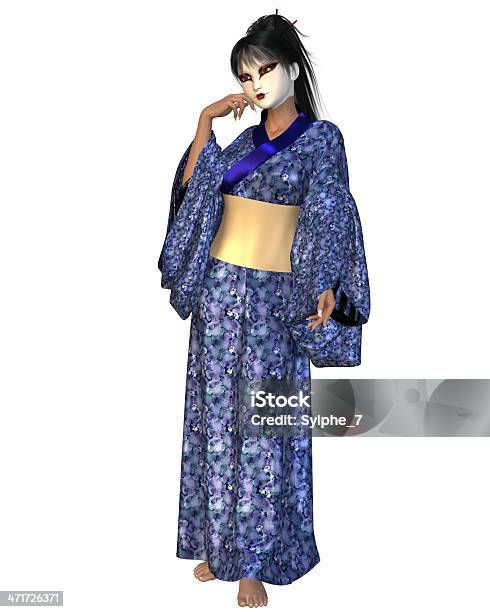 Geisha In Blaue Blumekimono Stockfoto und mehr Bilder von Asiatischer und Indischer Abstammung - Asiatischer und Indischer Abstammung, Betrachtung, Blau