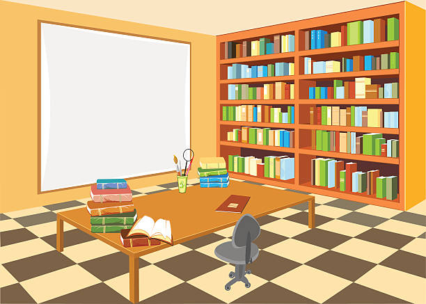 ilustrações, clipart, desenhos animados e ícones de interior do the library com um livro aberto - book backgrounds law bookshelf