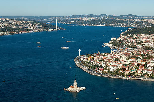 Aerial Maiden's Tower Maiden's Tower (Leander's Tower) in Istanbul, Turkey with Hagia Sophia and Blue Mosque at a distance maidens tower turkey photos stock pictures, royalty-free photos & images