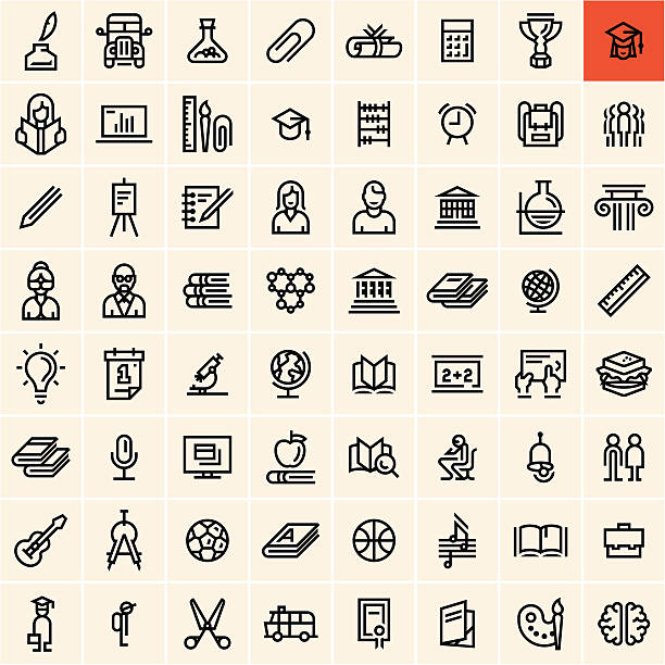 A set of education icons with a highlighted graduation icon Education icons set. Back to school concept linear vector icons. Office supplies. junior high stock illustrations
