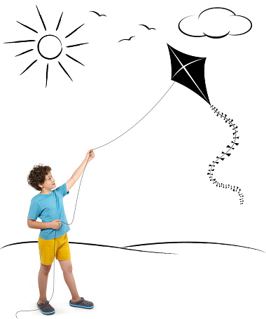 The child is flying kite in a cartoon world. (Cartoon Series)
