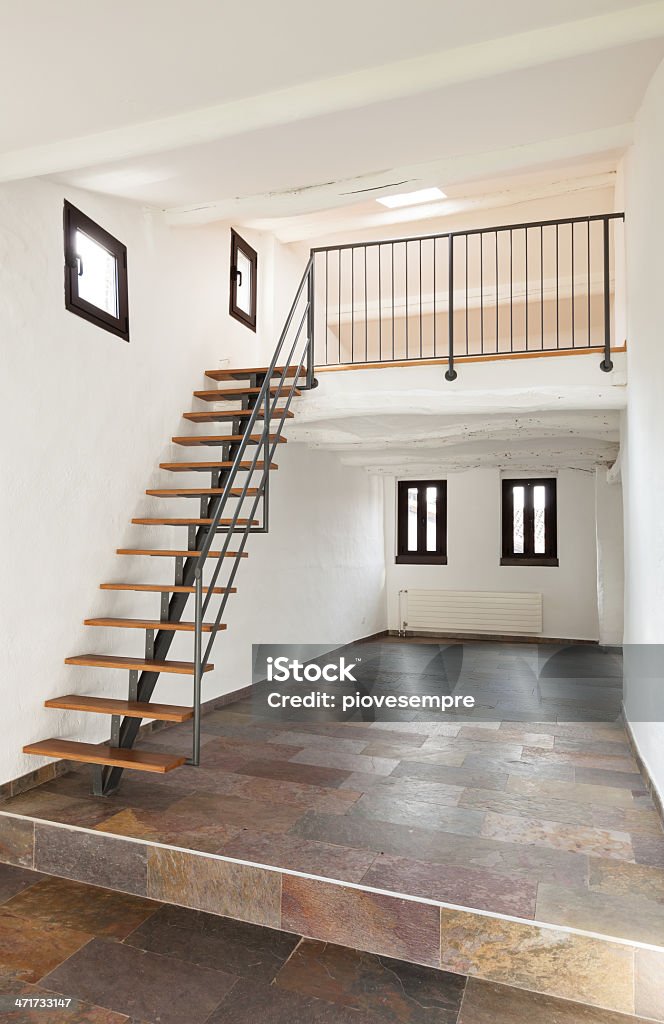 interior rustic house interior rustic house, large room with staircase Architecture Stock Photo