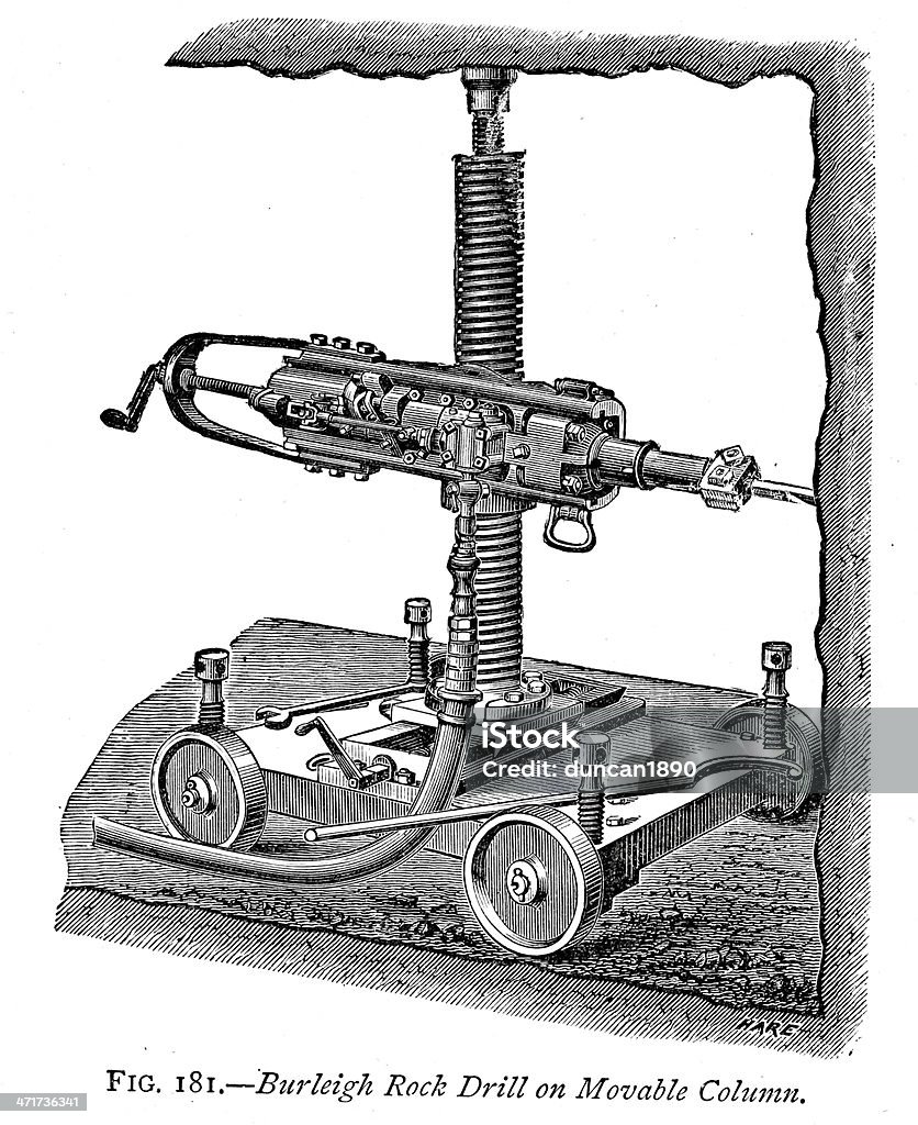 Burleigh Rock Drill Vintage engraving of a Burleigh Rock Drill on movable column. 1884 Drill stock illustration