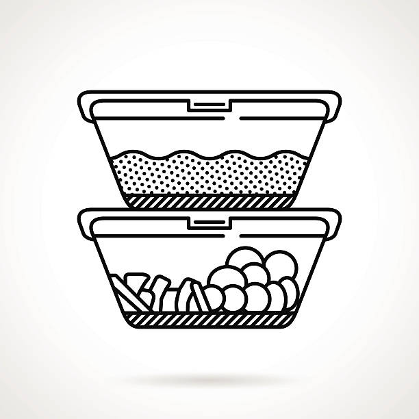 Lunch boxes black line vector icon Black flat line vector icon for two lunch boxes or containers with food on white background. polystyrene box stock illustrations
