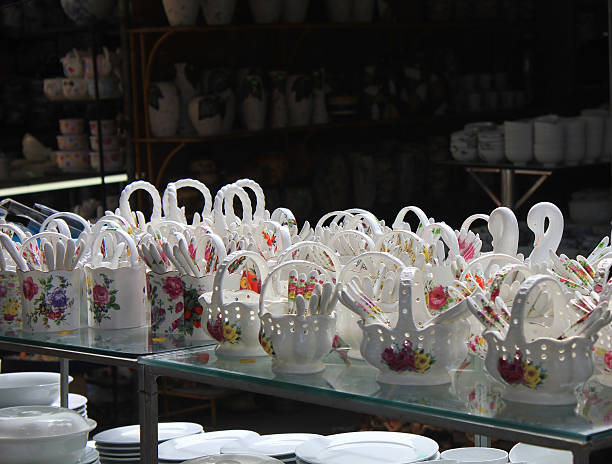 Porcelain ware Displaying porcelain ware in Bat Trang, Vietnam bat trang stock pictures, royalty-free photos & images