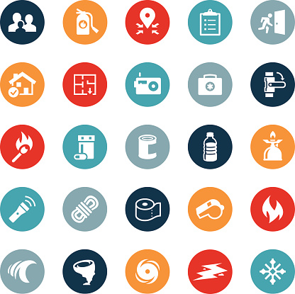 Emergency preparedness and readiness icons. The vector icons symbolize supplies and equipment used in an emergency situation like a flood, tornado, hurricane, earthquake or other natural disaster. The icons also depict these different natural disasters.