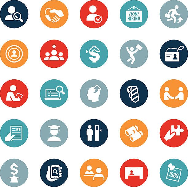 Recruiting and Hiring Icons Icons depicting various concepts related to the recruiting and hiring industry. The icons symbolize various human resource themes including hiring, recruiting, applying, job search, business people, assessment, testing and more. hire job search job people stock illustrations