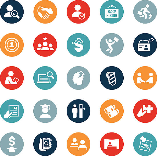 Recruiting and Hiring Icons Icons depicting various concepts related to the recruiting and hiring industry. The icons symbolize various human resource themes including hiring, recruiting, applying, job search, business people, assessment, testing and more. good cv stock illustrations
