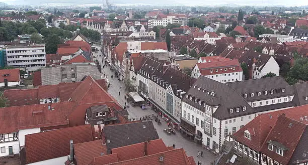overlooking the old town of Hameln from the tower of a church